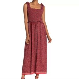 Max Studio NWT Red White Floral Print Smocked Bodice Maxi Dress Size XL